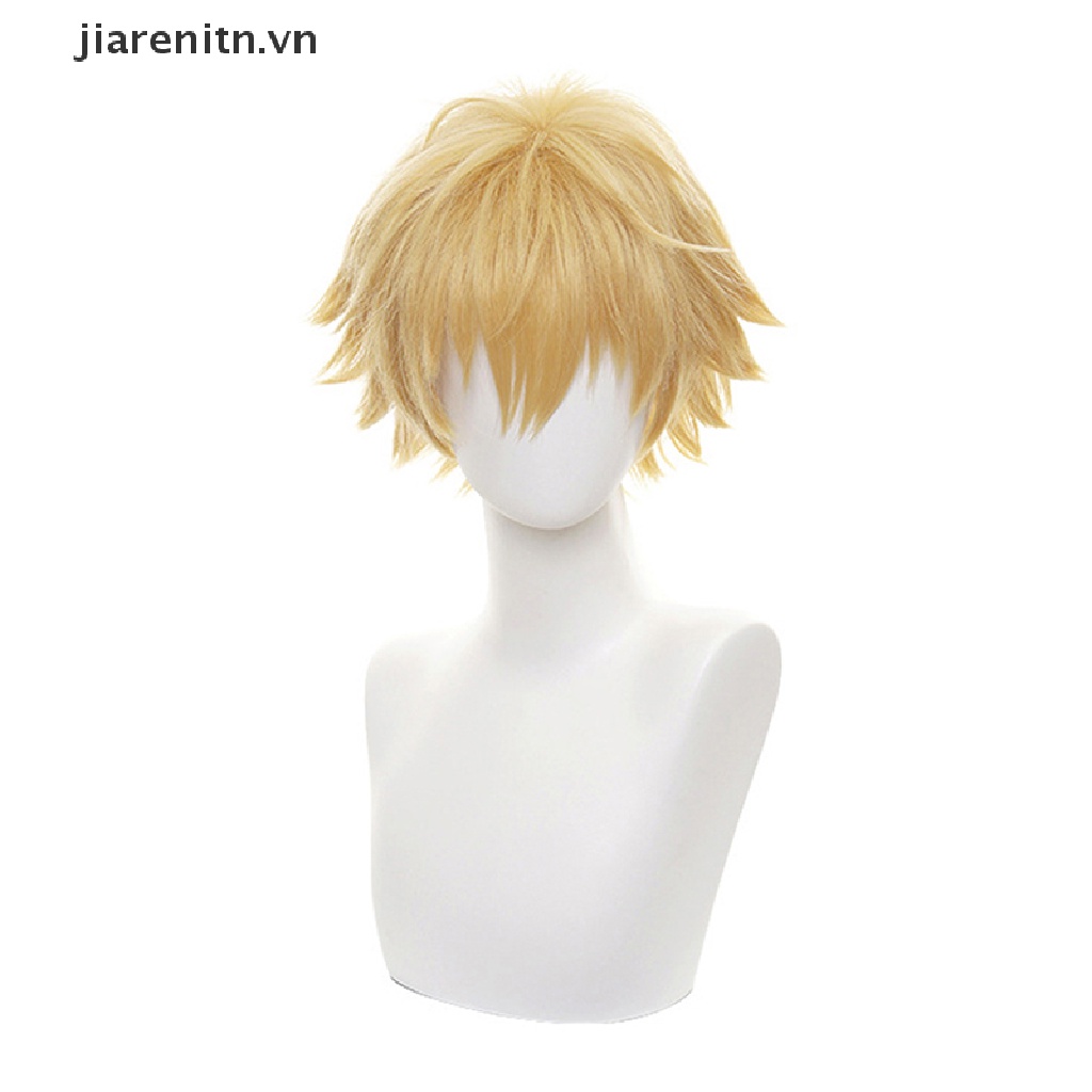 Jiarenitn Chain Man Denji Cosplay Costume Wig Mens Anime Halloween Golden Short Hair vn