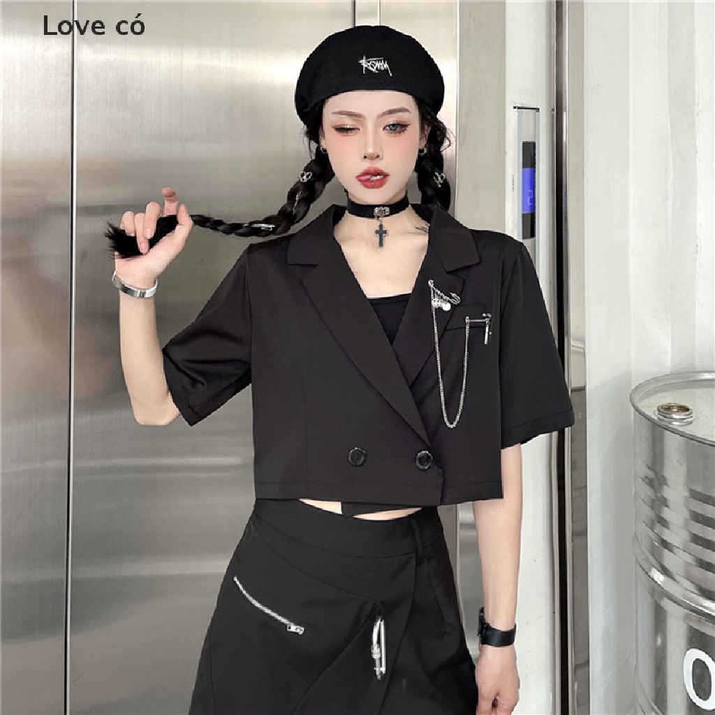 Áo Khoác Blazers Màu Đen Tay Ngắn Phối Dây Xích Phong Cách Hàn Quốc Thời Trang Mùa Hè Xinh Xắn Cho Nữ