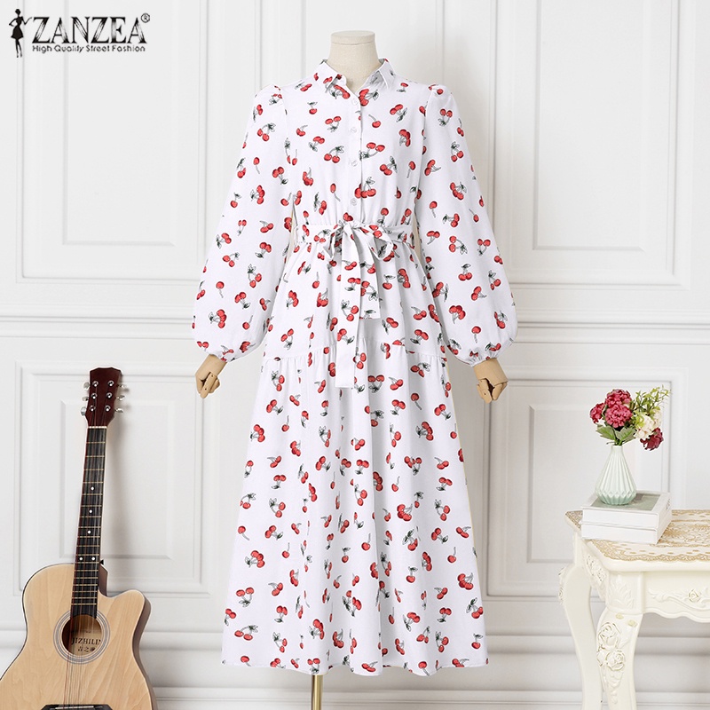 Đầm maxi ZANZEA dáng chữ A tay dài phồng in họa tiết hoa thời trang thanh lịch cho nữ