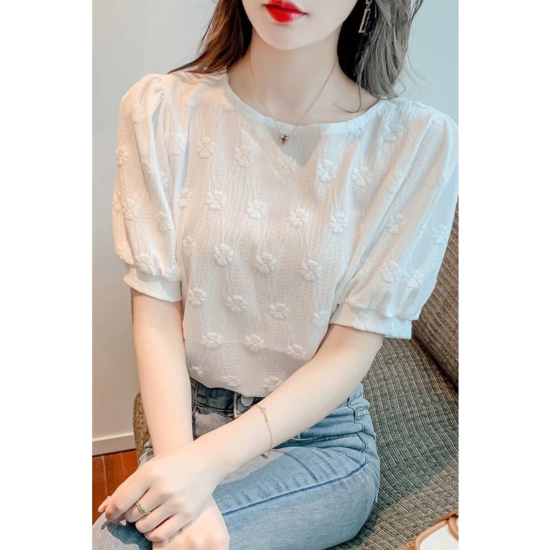 Áo Thun Tay Phồng Ngắn Cổ Tròn Phối Ren Phong Cách Vintage Pháp N518