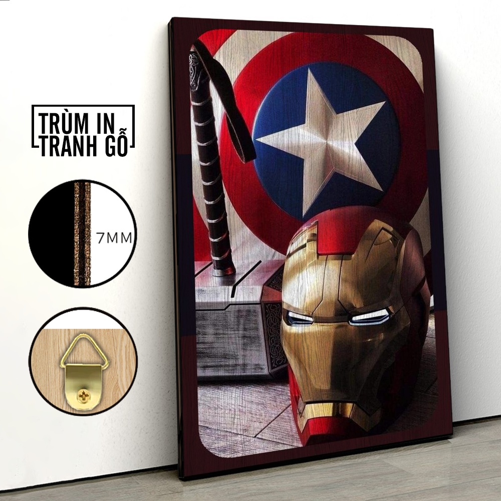 Tranh in gỗ trang trí nội thất Mặt Nạ Iron Man Khiên Captain America Marvel decor phòng ngủ phòng khách văn phòng