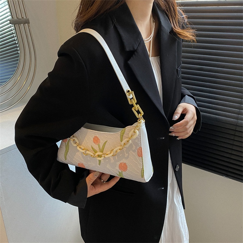 MISCHA Túi Đeo Vai Hình Vuông Cỡ Nhỏ Họa Tiết Hoa Phối Dây Đeo Sợi Xích Đơn Giản Thời Trang Phong Cách Hàn Quốc Cho Nữ