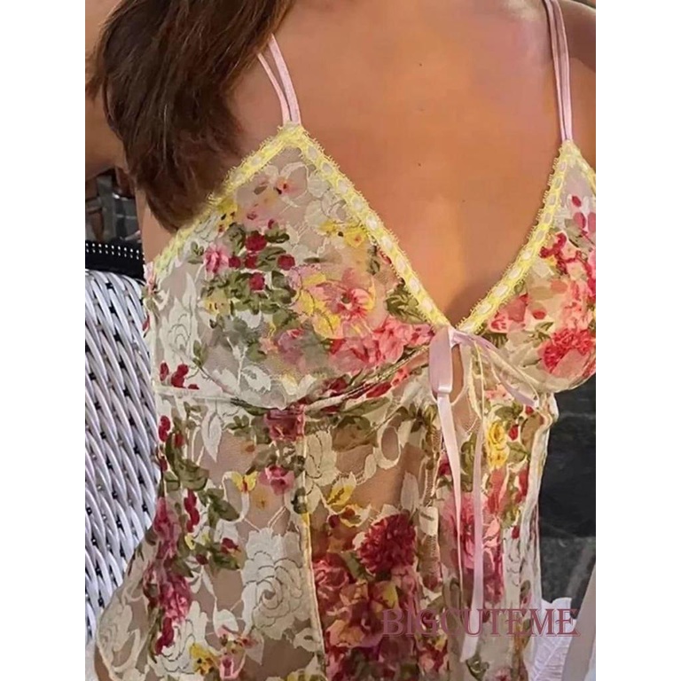 Áo Hai Dây Cổ Chữ V Họa Tiết Hoa Thời Trang Cho Nữ