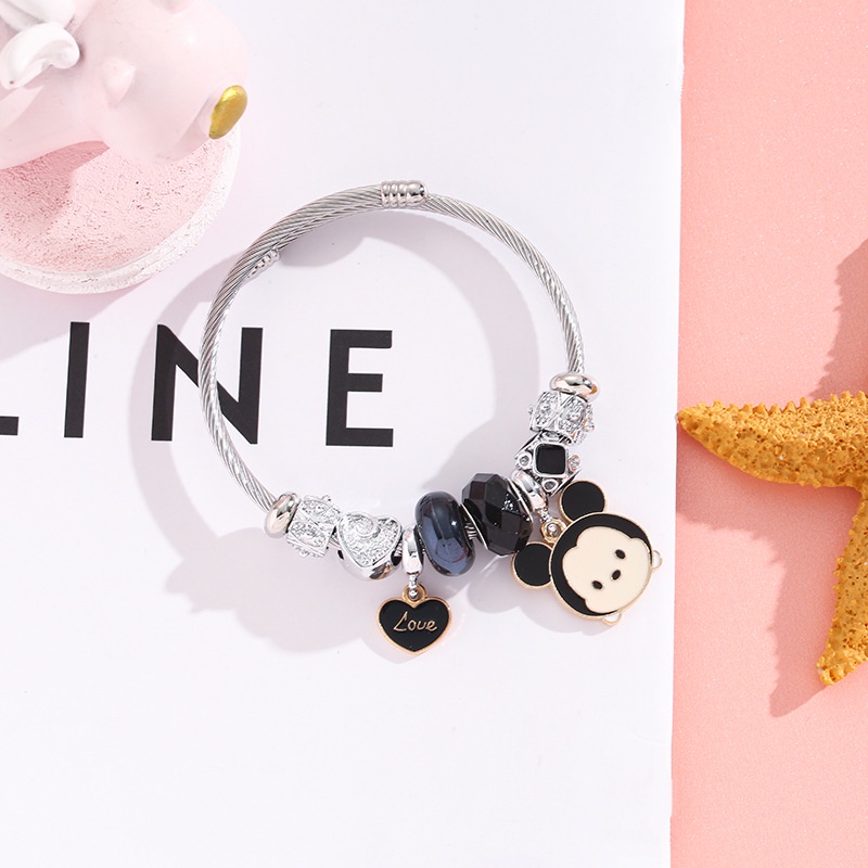 XiaoboACC Vòng Tay Hở Xỏ Hạt DIY Bằng Thép Không Gỉ Mặt Gấu Dâu Tây Đường Kính Thời Trang Không Pha