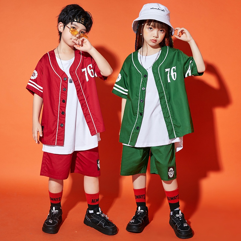 Bộ Đồ Thời Trang Mùa Hè Màu Xanh Lá / Đỏ Phong Cách Hip Hop Cho Bé Trai / Gái