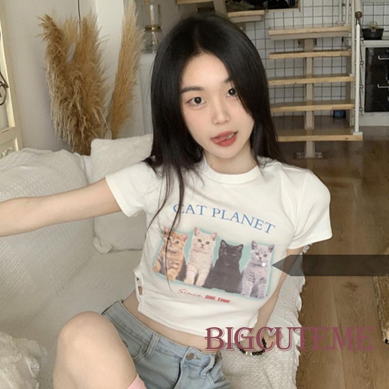 Áo Thun Crop Top Tay Ngắn Cổ Tròn In Hình Mèo Ôm Dáng Cho Nữ