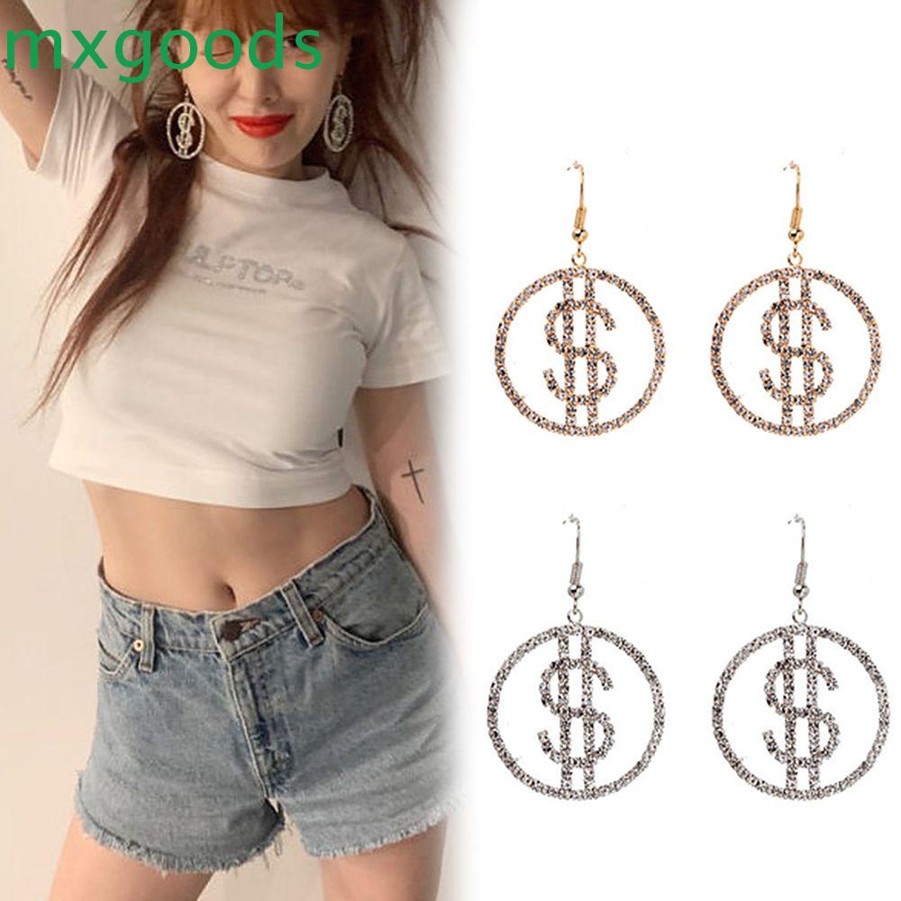 Khuyên tai thả mặt tròn thiết kế biểu tượng đô-la khảm đá thời trang không gây dị ứng