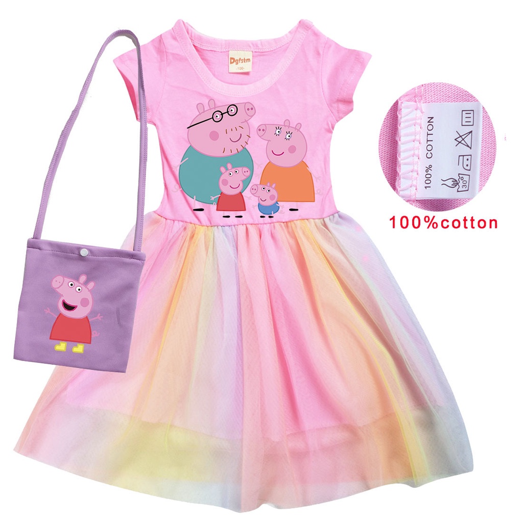 Set Đầm Xòe + Túi Cotton Tay Ngắn Họa Tiết Hoạt Hình Peppa Cho Bé Gái