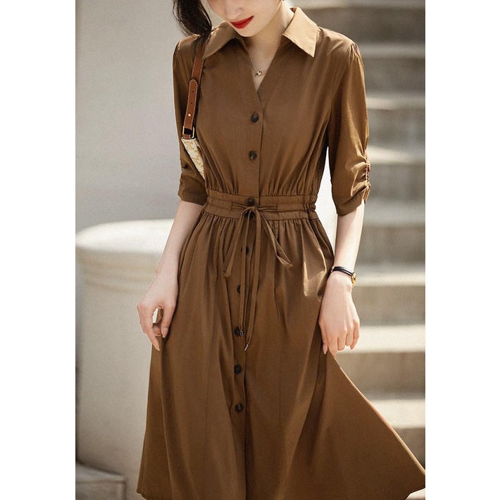 Đầm sơ mi nâu tây tay lỡ thanh lịch kiểu pháp Xiny D2223