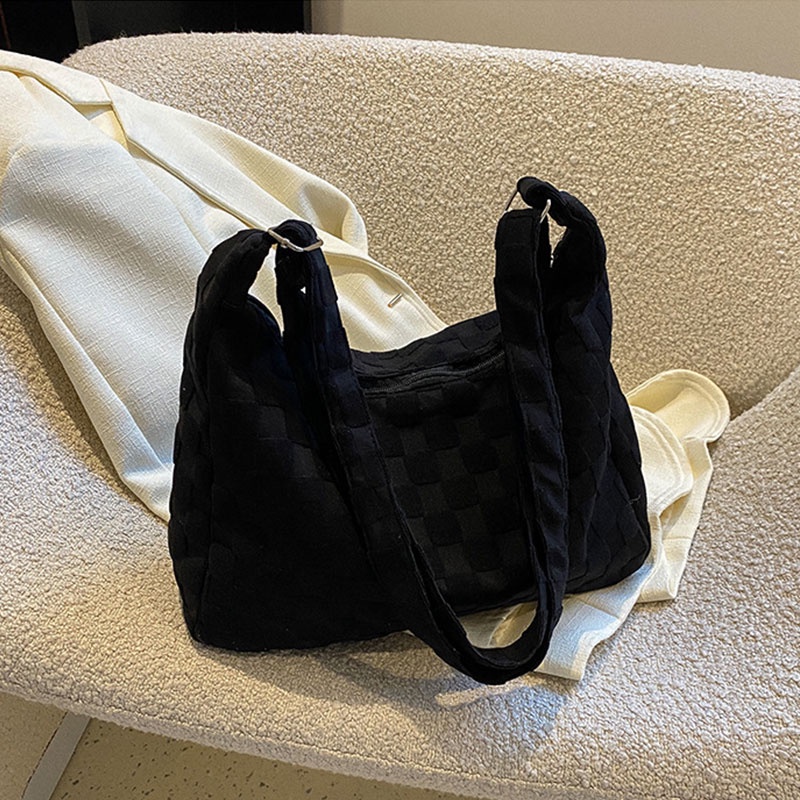 JUSTSTAR Túi tote JUSTSTAR đeo vai họa tiết sọc caro màu trơn phong cách Hàn Quốc thời trang cho nữ