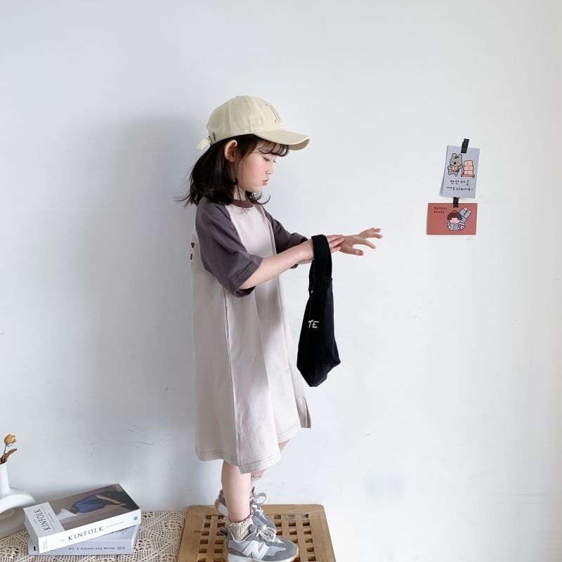 Đầm Cotton Tay Ngắn Màu Sắc Tương Phản In Chữ Nhật Hàn Thời Trang Mùa Hè Cho Mẹ Và Bé