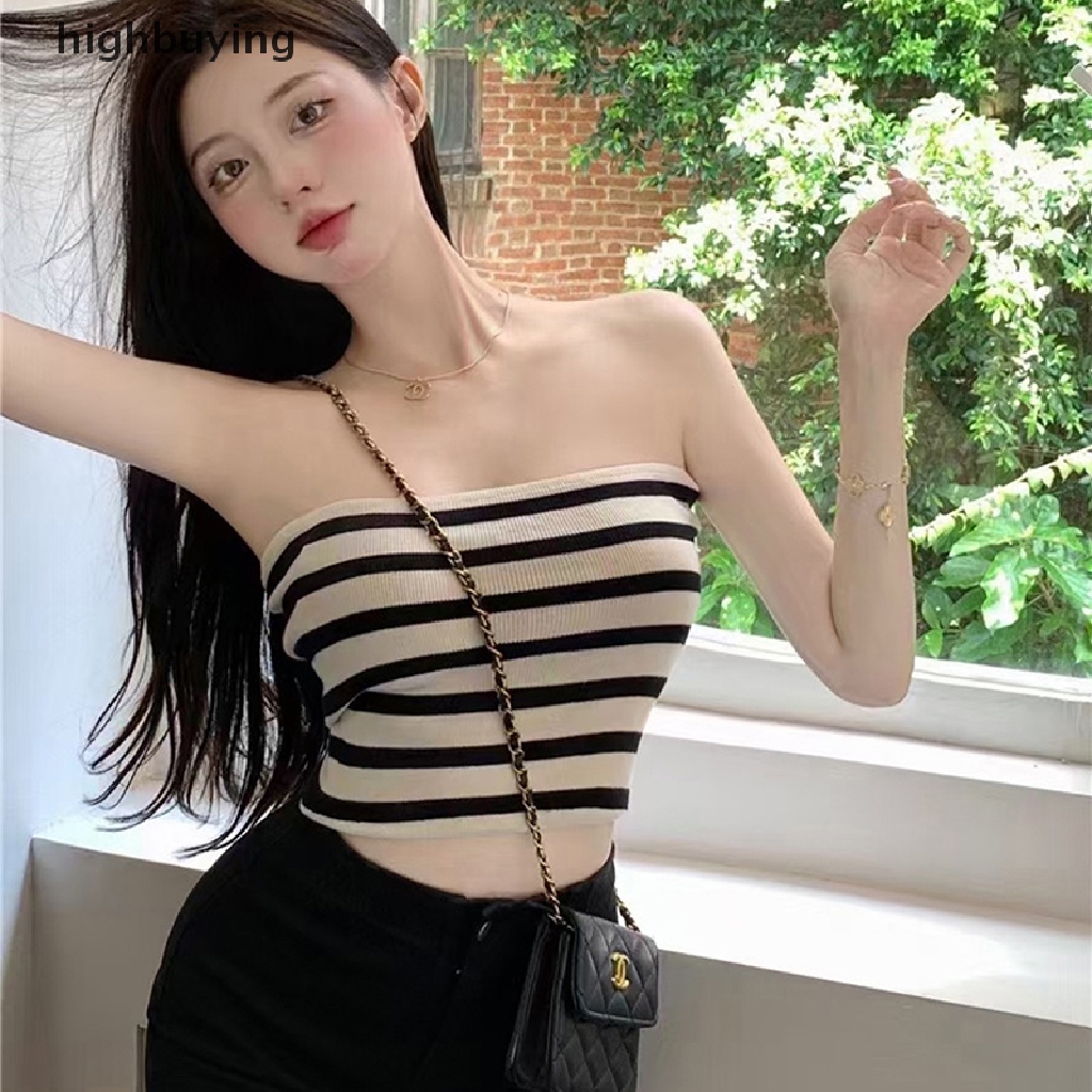 Áo Croptop Dệt Kim Không Tay Họa Tiết Kẻ Sọc Thời Trang Mùa Hè Hàn Quốc Cho Nữ