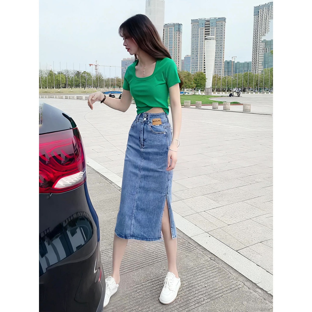 Set Áo Thun Ngắn Tay + Chân Váy Jeans Chữ A Xẻ Tà Thời Trang Châu Âu 2023 Cho Nữ Chân Váy Voan Chữ S Xẻ Tà Xinh Xắn Dành Cho Nữ