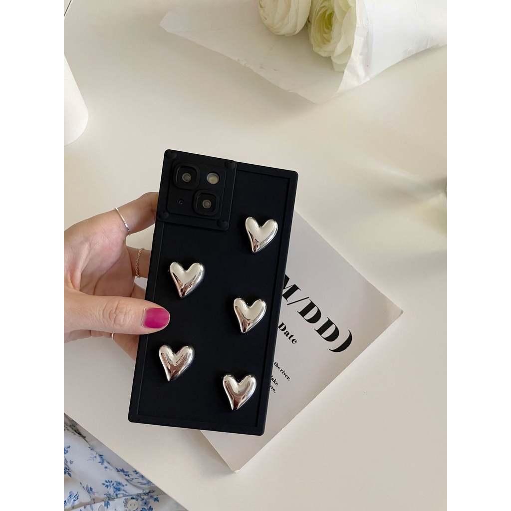 Ốp Điện Thoại Hình Vuông Mạ Họa Tiết Trái Tim Cho Iphone 13 14Pro max 12 / 11