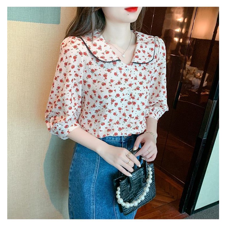 Áo Sơ Mi Chiffon Tay Lỡ Cổ Búp Bê Họa Tiết Hoa Phong Cách Mới Cho Nữ