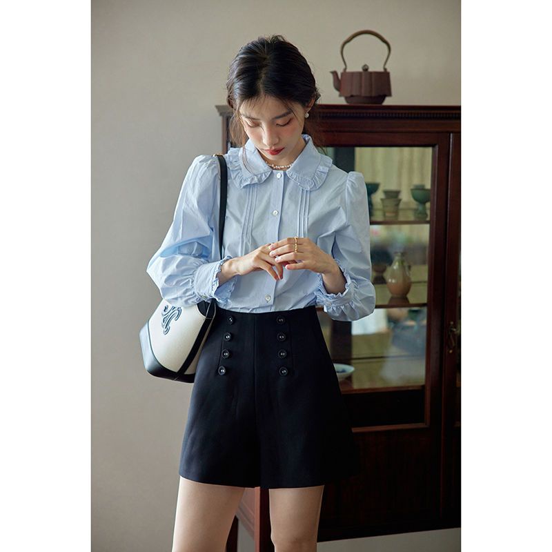 Pháp Retro Xù Cổ Búp Bê Áo Sơ Mi Xanh Nữ Mùa Xuân Dài Tay Thiết Kế Hàng Đầu Niche Áo Sơ Mi