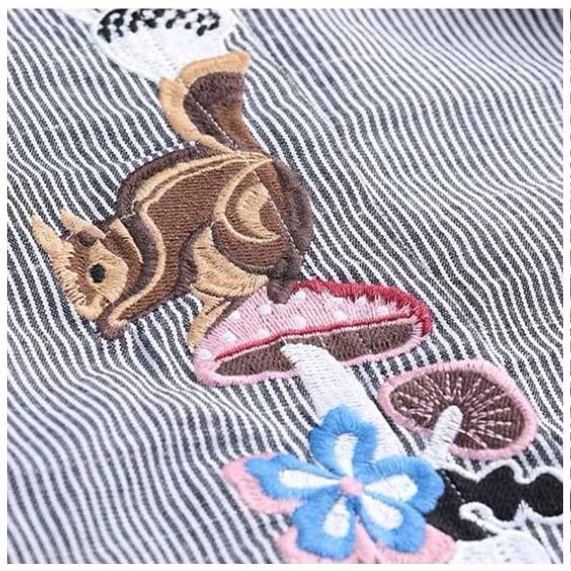 Áo Sơ Mi Dáng Rộng Kẻ Sọc Thêu Họa Tiết Dễ Thương Cho Nữ