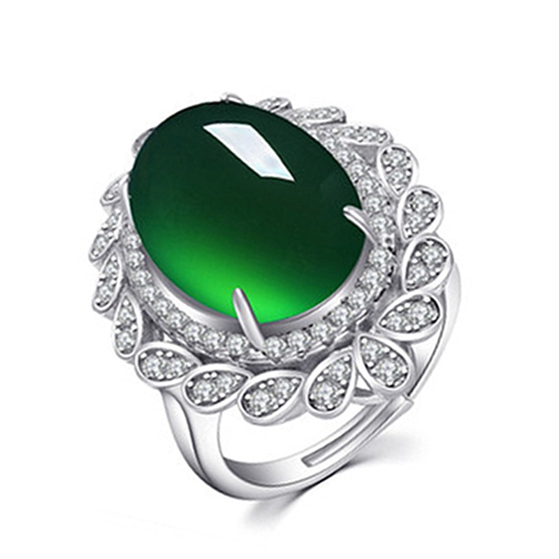 ♥Chính hãng Platinum Luxury Palace Fancy Green Jade Ring Full Diamond Jewelry