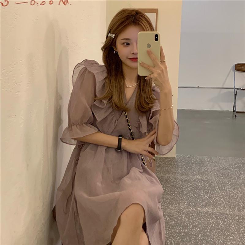 Đầm Cổ Chữ V Phối Dây Rút Thời Trang Hàn Quốc Cho Nữ