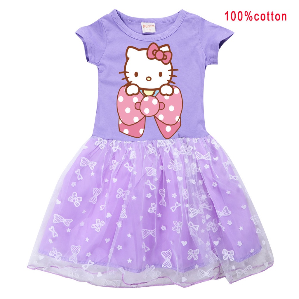 Hoạt Hình Đầm Xòe Tay Ngắn In Hình Hello Kitty Dành Cho Bé Gái 2-10 Tuổi