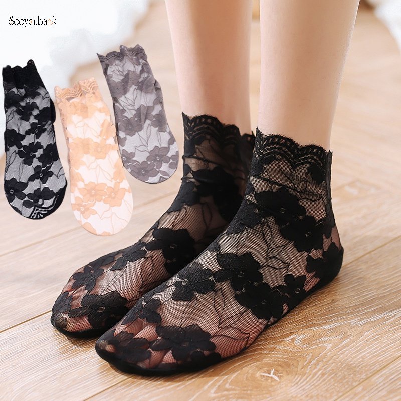 Đôi Vớ Thuyền Phối Ren Hoa Trong Suốt Chống Trượt Thời Trang Cho Nữ
