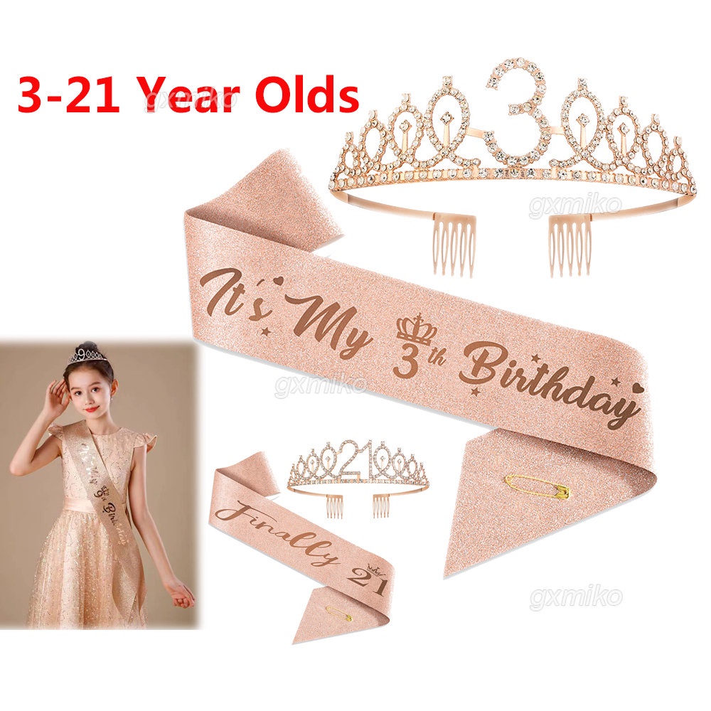 Vương Miện Công Chúa Đính Pha Lê + Dây Nịt Vai Bằng Satin Trang Trí Tiệc Sinh Nhật Cho Bé Gái