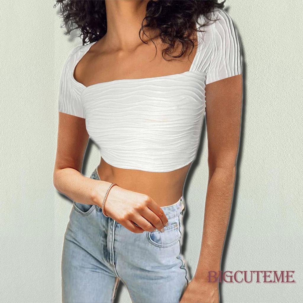 Áo Croptop Cổ Vuông Tay Ngắn Màu Trơn Thời Trang Dành Cho Nữ