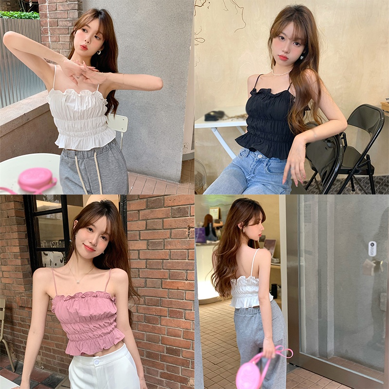 Áo Hai Dây Mỏng Co Giãn Xếp Ly Màu Trơn Thời Trang Mùa Hè Hàn Quốc Felicelife