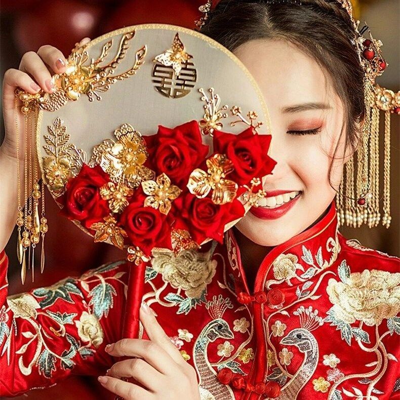 [Aishang Trang Sức Đẹp] Quạt Cầm Tay Nhóm Đám Cưới Xiuhe Thủ Công Phong Cách Trung Hoa Cổ Điển