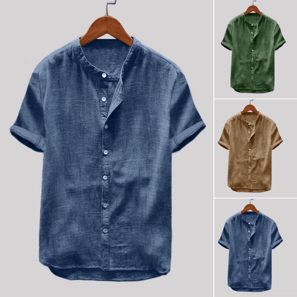 Áo Sơ Mi Cotton Linen Tay Ngắn Màu Trơn Cài Nút Dành Cho Nam