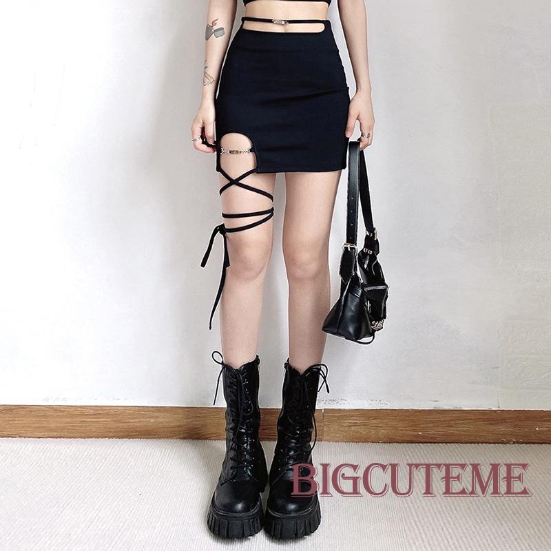 [] - Chân Váy Mini Màu Đen Lưng Cao Có Khóa Kéo Bên Hông Thắt Dây Chéo Phong Cách Đường Phố Giản Dị Dành Cho Nữ
