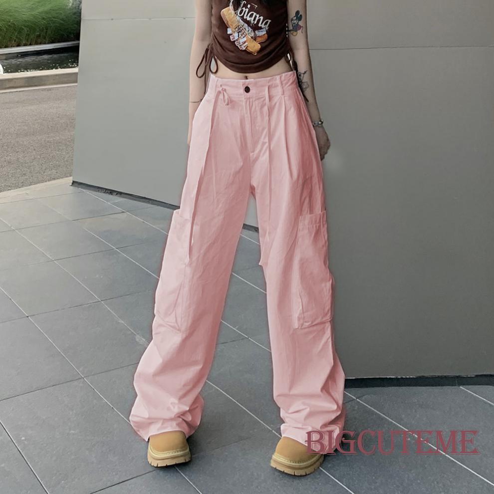 Quần Dài Dáng Suông Rộng Lưng Cao Màu Trơn Có Túi Và Dây Rút Cho Nữ