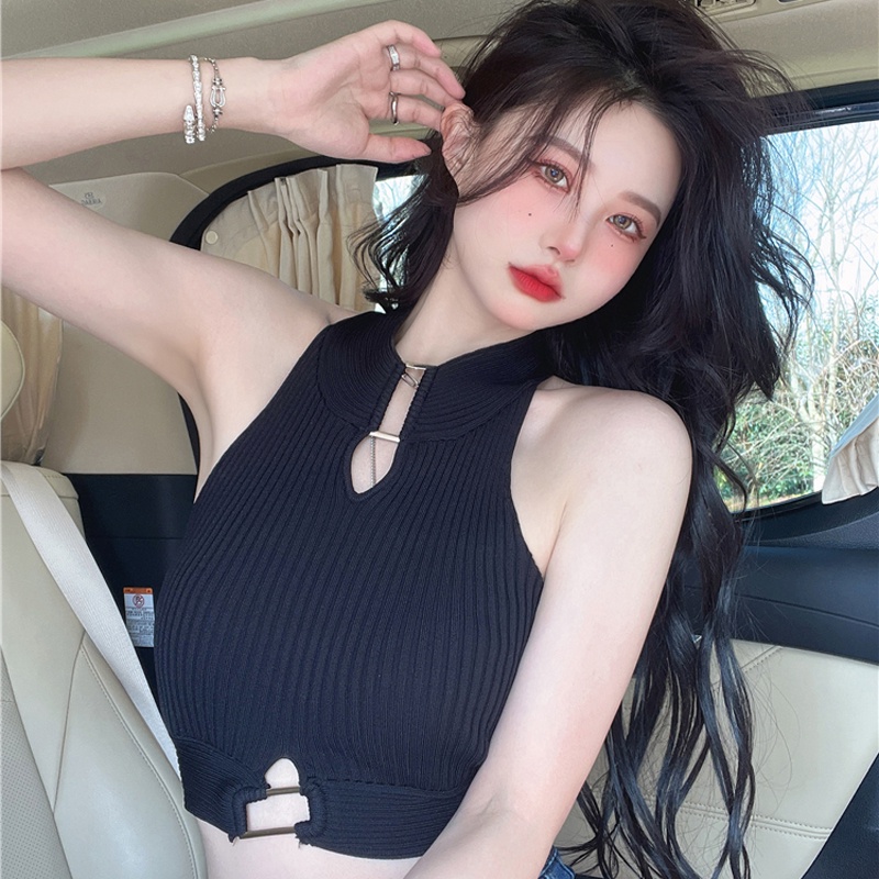 Áo Dệt Kim Sát Nách Dáng Ngắn Khoét Cổ Thời Trang Mùa Hè Quyến Rũ Cho Nữ