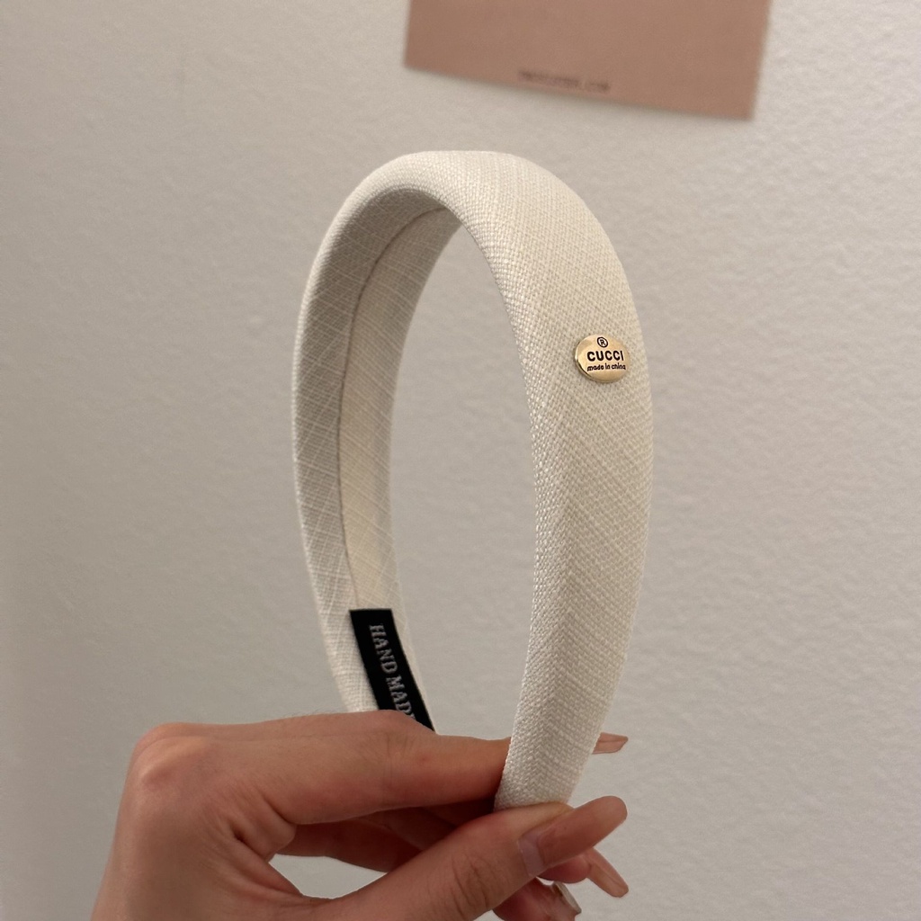 Băng Đô Cài Tóc Bằng Cotton Màu Trơn Đính Nhãn Kim Loại Tròn Cao Cấp Phong Cách Pháp Cho Nữ