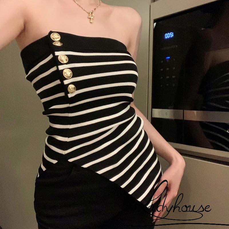 Áo Ngắn Không Dây Dệt Kim Họa Tiết Kẻ Sọc Thời Trang Dành Cho Nữ