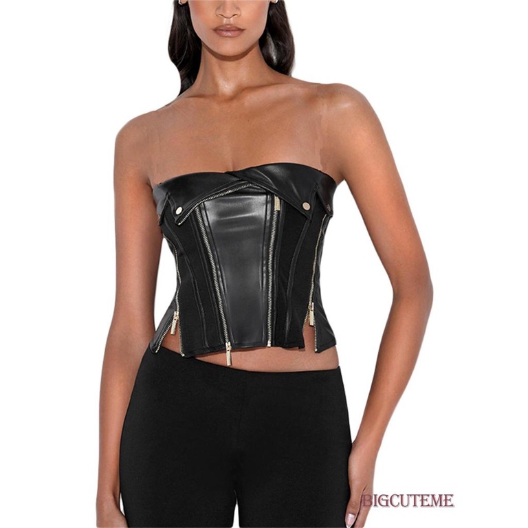 Áo Ống Bằng Da Màu Trơn Không Dây Có Khóa Kéo Thời Trang Mùa Hè Cho Nữ