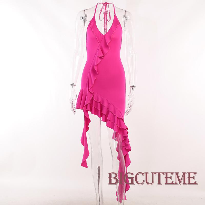 [] - Đầm Ngắn Không Tay Hở Lưng Nhún Bèo Không Đối Xứng Màu Đỏ Hoa Hồng Mùa Hè Cho Nữ