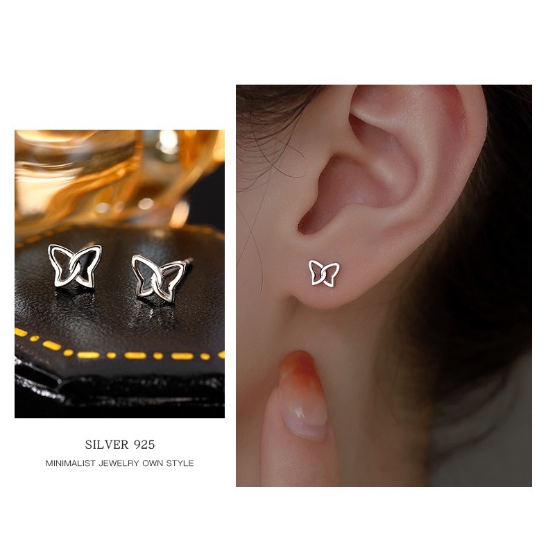 Bông Tai Mạ Bạc 925 Hình Bươm Bướm Thiết Kế Hở Lỗ Thời Trang Cho Nữ