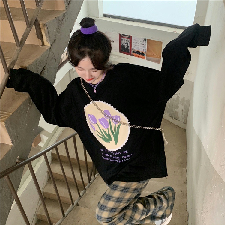 IELGY  Áo sweater Tay Dài Dáng Rộng Kiểu Hàn Quốc Thiết Kế Đơn Giản Cho Nữ