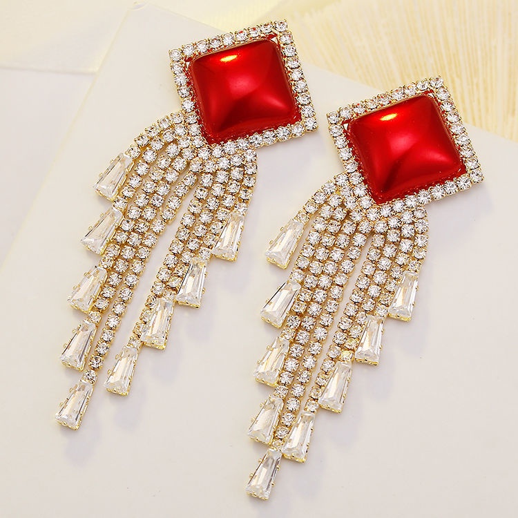 Bông Tai Dáng Dài Đính Kim Cương &amp; Ngọc Trai Giả Thời Trang Sang Trọng Cho Nữ