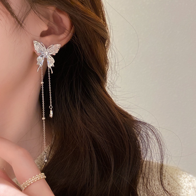 Đôi Bông Tai Dáng Dài Hình Bướm Xếp Ly Đính Đá Thời Trang Cho Nữ