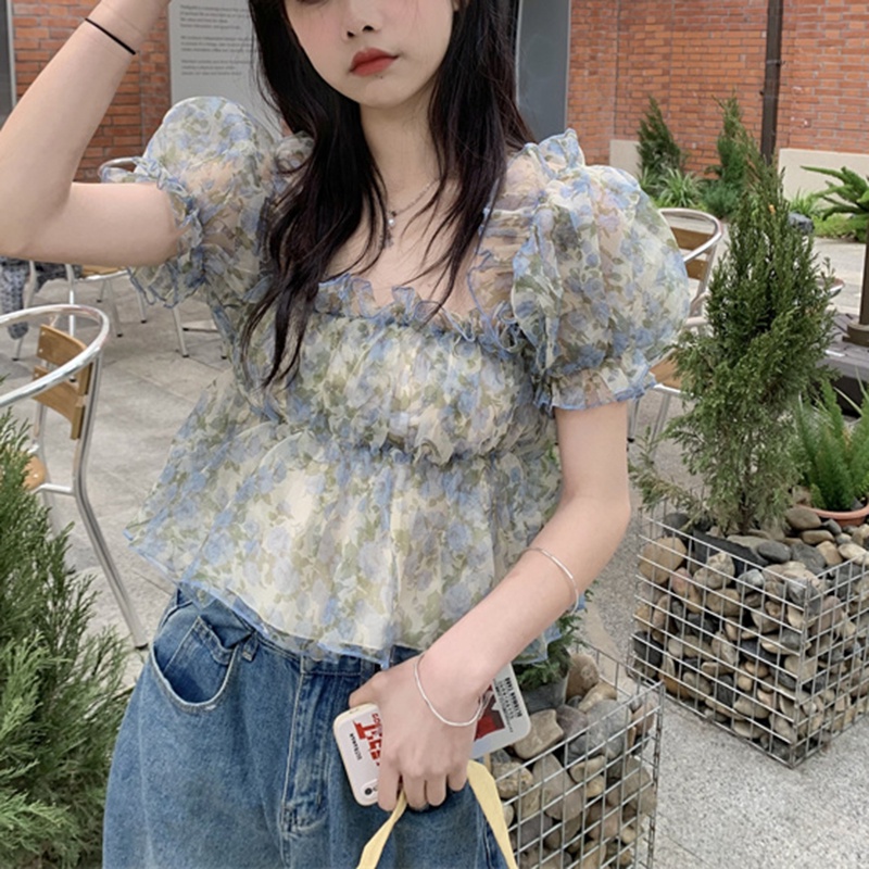 IELGY Áo chiffon Trễ Vai In Họa Tiết Hoa Phong Cách Pháp Ngọt Ngào Thời Trang Cho Nữ