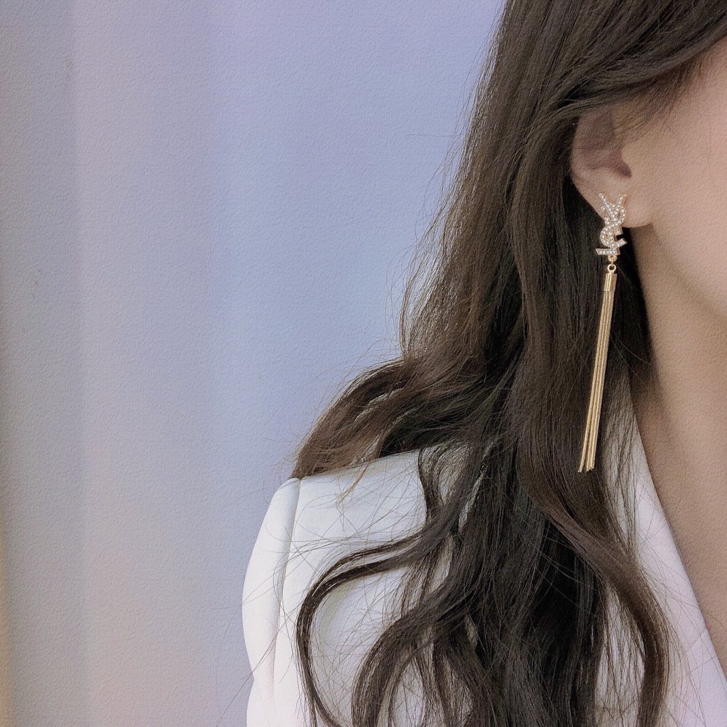 Khuyên Tai Tròn Khắc Chữ YSL Bằng Thép Titanium Thời Trang