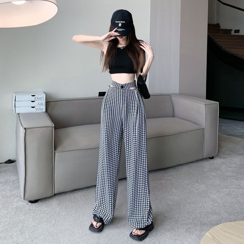 Bán Chạy✨Quần Dài Lưng Cao Ống Rộng Họa Tiết Houndstooth Thời Trang Mùa Hè 2023