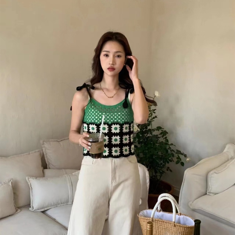 Áo Croptop Hai Dây Dệt Kim Dáng Rộng Họa Tiết Hoa Thời Trang Cho Nữ