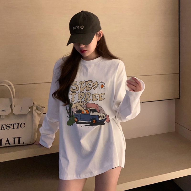 IELGY Áo Thun cotton Tay Dài Dáng Rộng In Họa Tiết Phong Cách Mỹ Thời Trang Cho Nữ