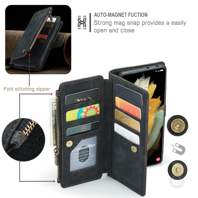 Ốp Điện Thoại Da Kèm Ngăn Đựng Thẻ Có Khóa Kéo Cho Samsung Galaxy S23 S22 S21 S20 Plus Ultra S20FE S21FE