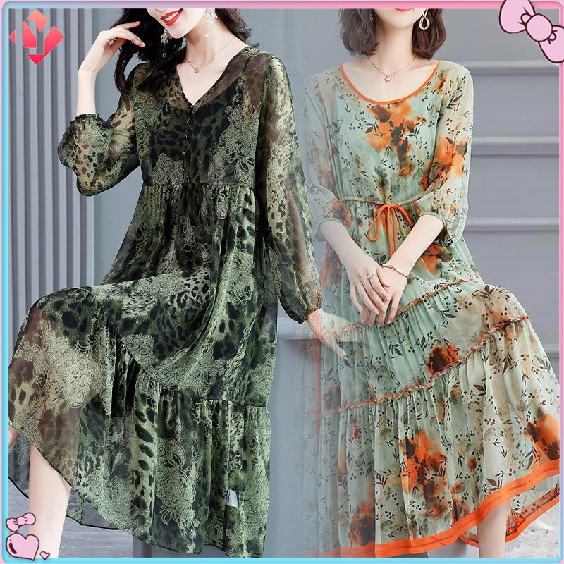 Đầm Voan Dáng Rộng Họa Tiết Da Báo Màu Xanh Lá Thanh Lịch Chất Lượng Cao