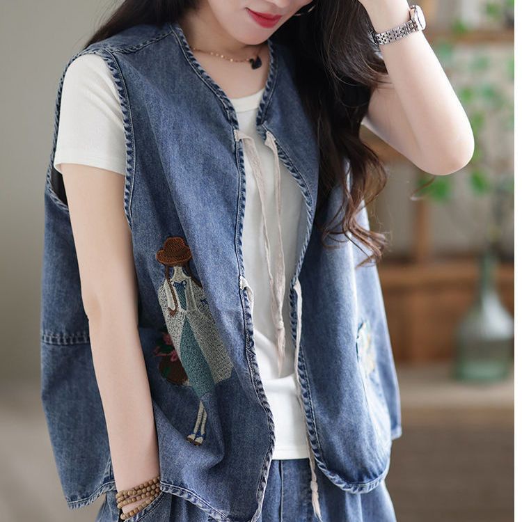 Áo Khoác Denim Không Tay Dáng Rộng Thêu Họa Tiết Cá Tính Theo Phong Cách Vintage