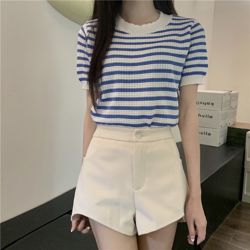 ZHELIHANGFEI Áo Len Tay Ngắn Phồng Họa Tiết Kẻ Sọc Ngọt Ngào Phong Cách Hàn Quốc Dễ Phối Đồ